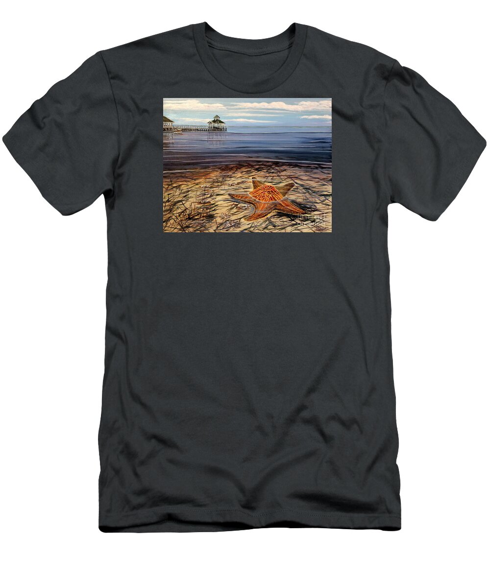 Cushion Starfish T-Shirt featuring the painting Starfish Drifting by Marilyn McNish