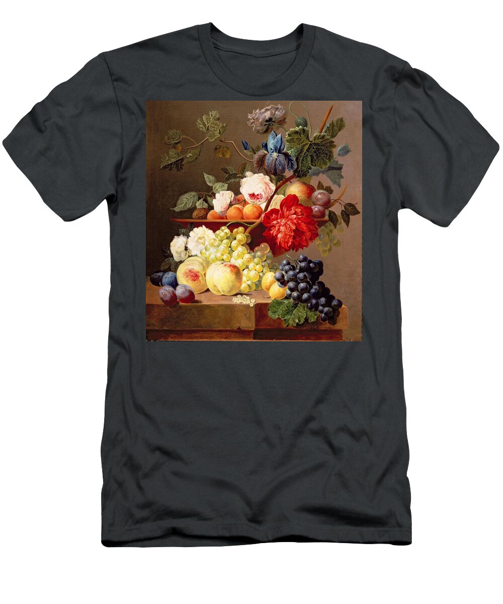 Plums T-Shirt featuring the photograph Still Life With Fruit And Flowers by Anthony Obermann