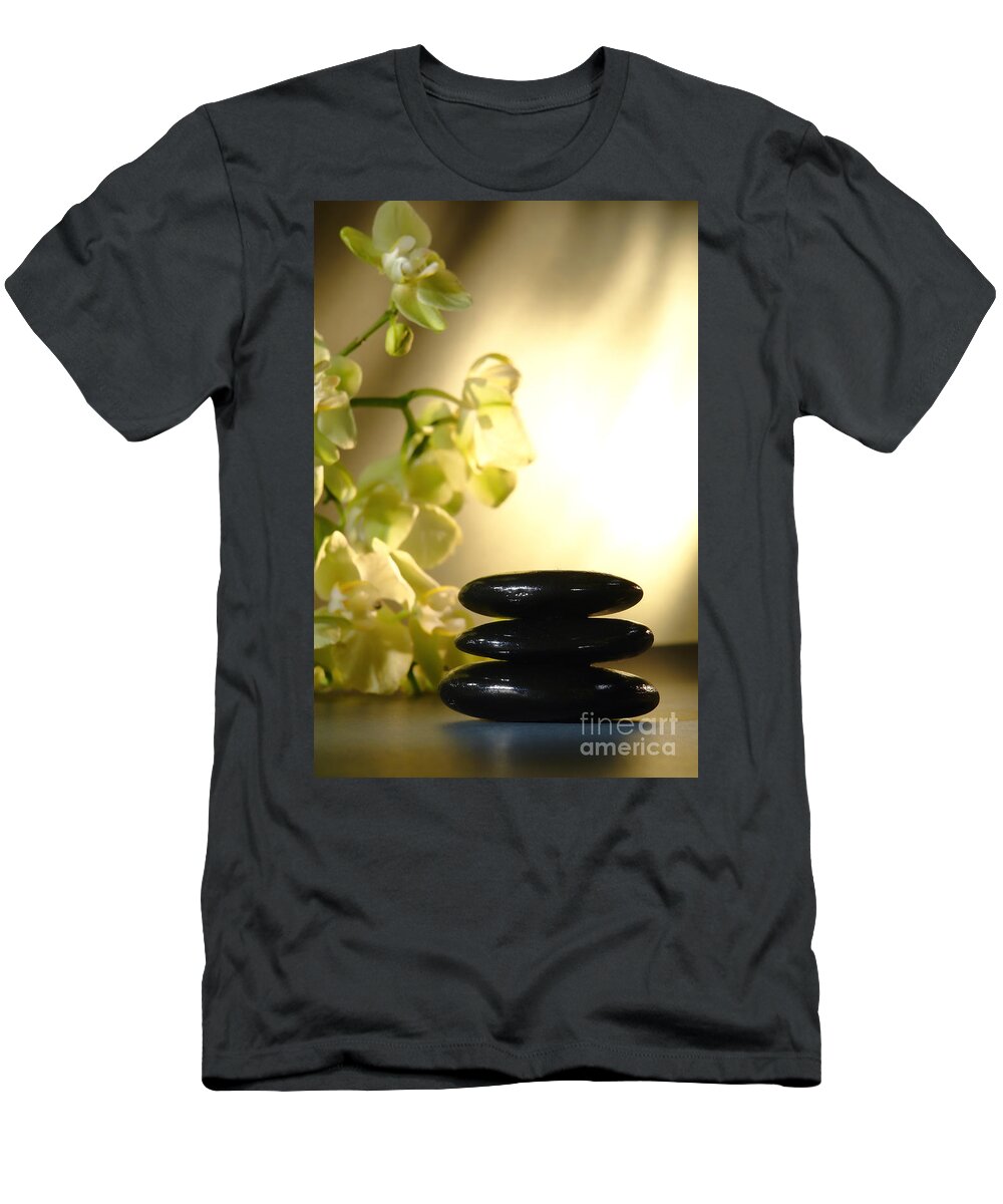 Orchid T-Shirt featuring the photograph Stone Cairn and Orchids by Olivier Le Queinec