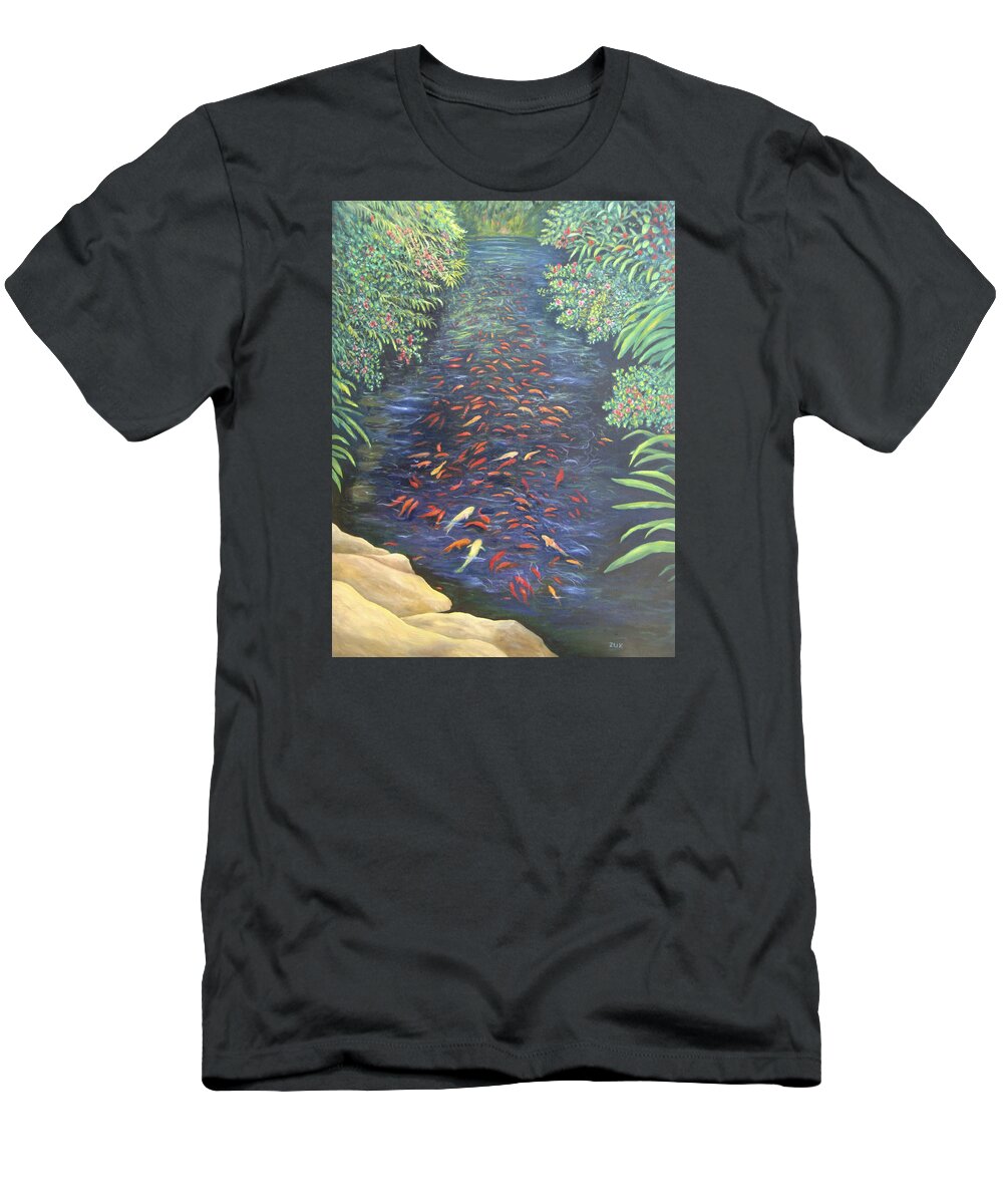 Karen Zuk Rosenblatt Art And Photography T-Shirt featuring the painting Stream of Koi by Karen Zuk Rosenblatt