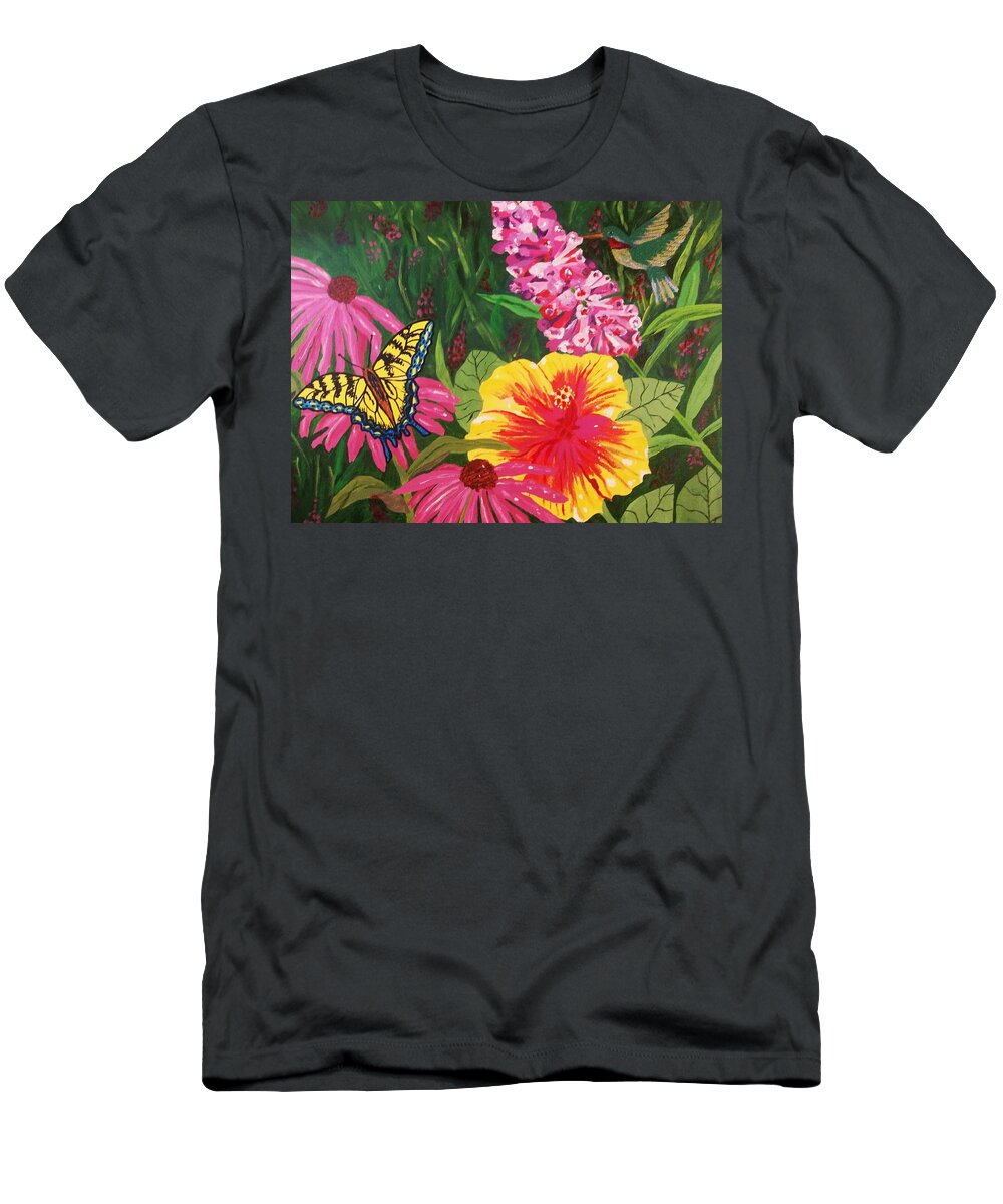 Butterfly Garden T-Shirt featuring the painting Summer Garden by Ellen Levinson