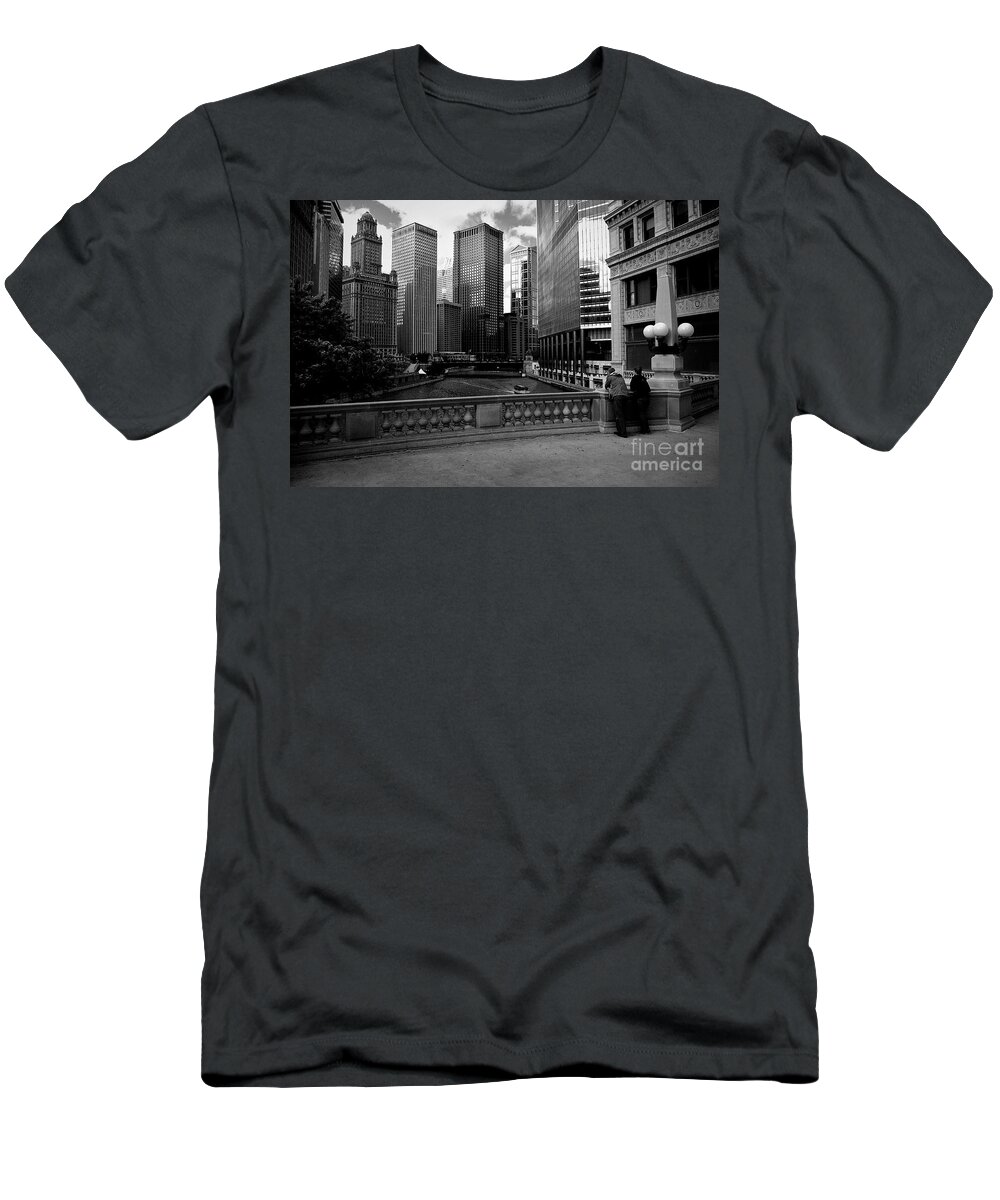 Usa T-Shirt featuring the photograph Summer on the Chicago River - Black and White by Frank J Casella