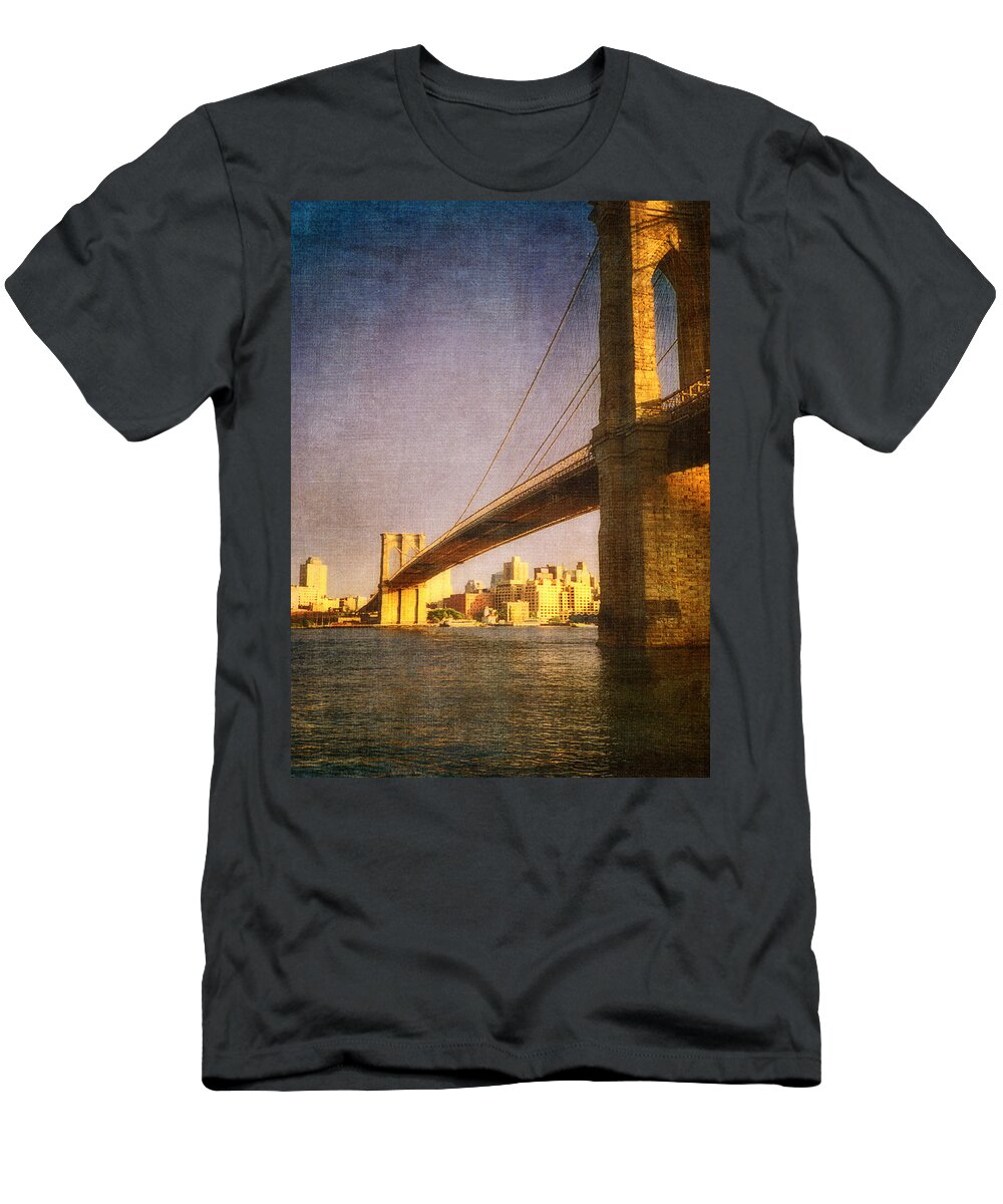 Lower East Side T-Shirt featuring the photograph Sun sets on the Brooklyn Bridge by Joann Vitali