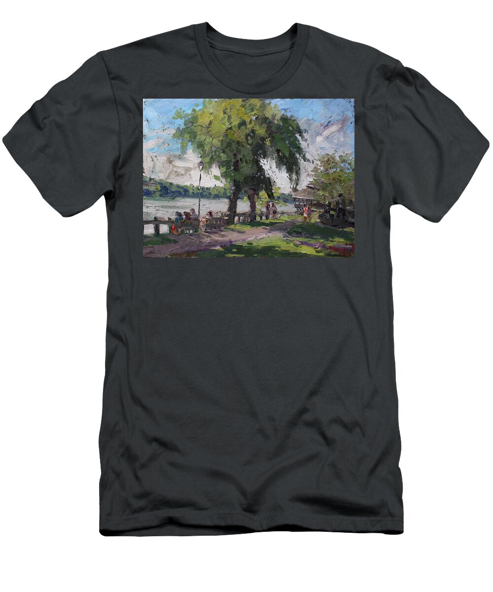 Lewiston Waterfront T-Shirt featuring the painting Sunday at Lewiston Waterfront Park by Ylli Haruni