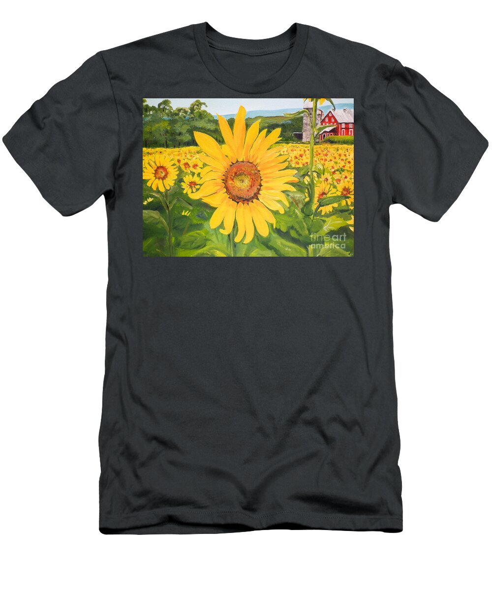Sunflower T-Shirt featuring the painting Sunflowers - Red Barn - Pennsylvania by Jan Dappen