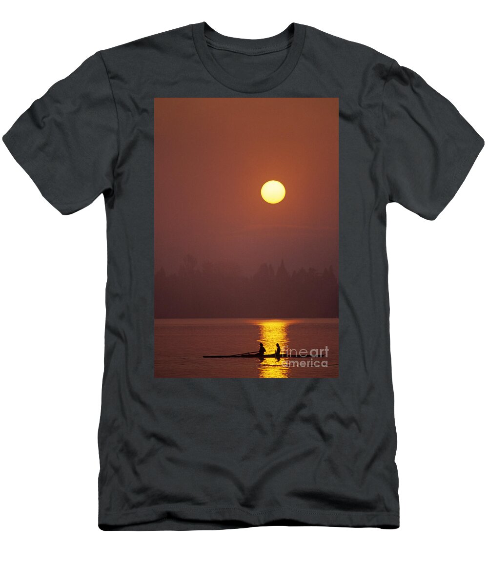 Athletics T-Shirt featuring the photograph Sunrise on the Montlake Cut crew rowing on calm waters by Jim Corwin