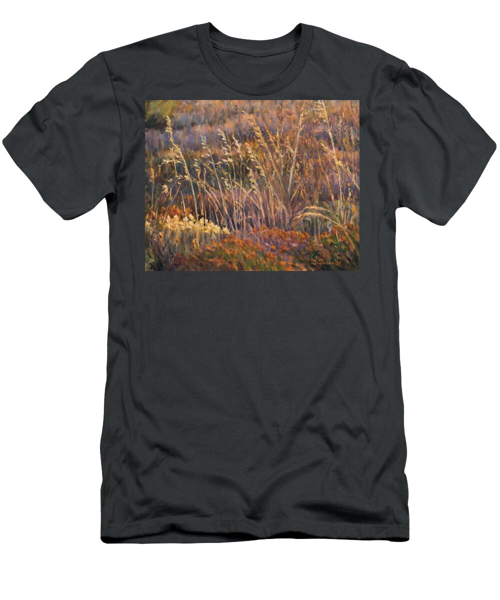 Grass T-Shirt featuring the painting Sunrise reflections on dried grass by Marco Busoni