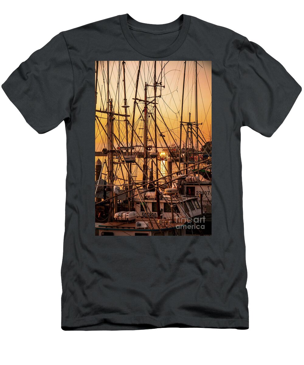 Sunset Boat Dock T-Shirt featuring the photograph Sunset Boat Masts at Dock Morro Bay Marina Fine Art Photography Print sale by Jerry Cowart