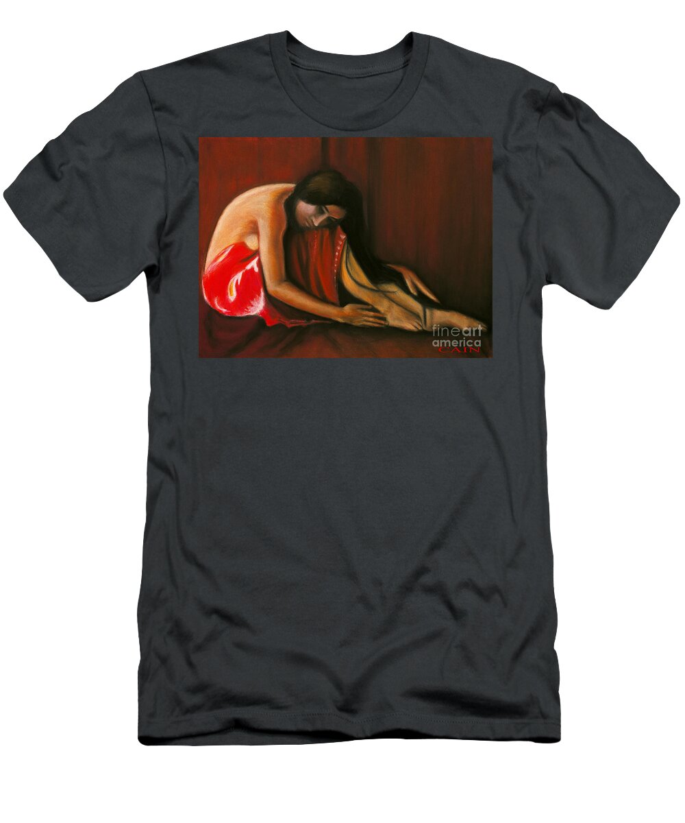 Woman In Red Dress T-Shirt featuring the painting Tahiti Woman Art Print by William Cain