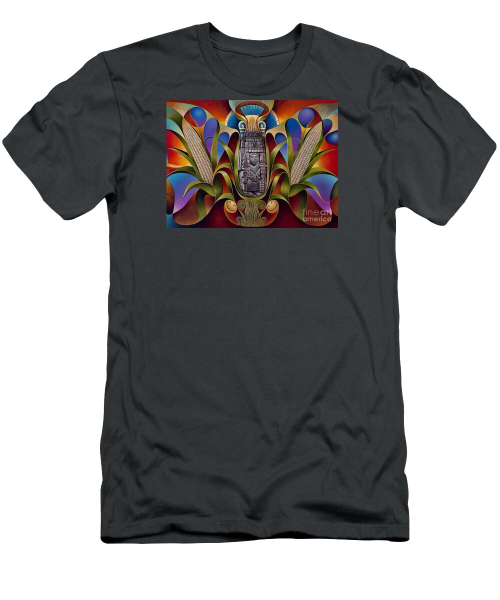 Aztec T-Shirt featuring the painting Tapestry of Gods - Chicomecoatl by Ricardo Chavez-Mendez