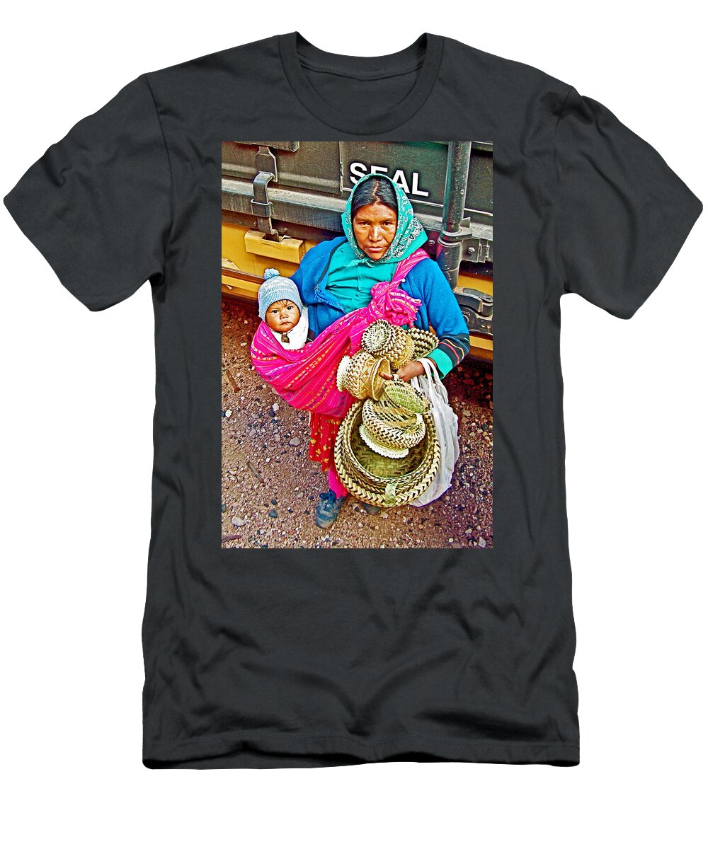 Tarahumara Indian Selling Baskets At Bahuichivo Train Stop In Chihuahua Mexico T Shirt For Sale By Ruth Hager