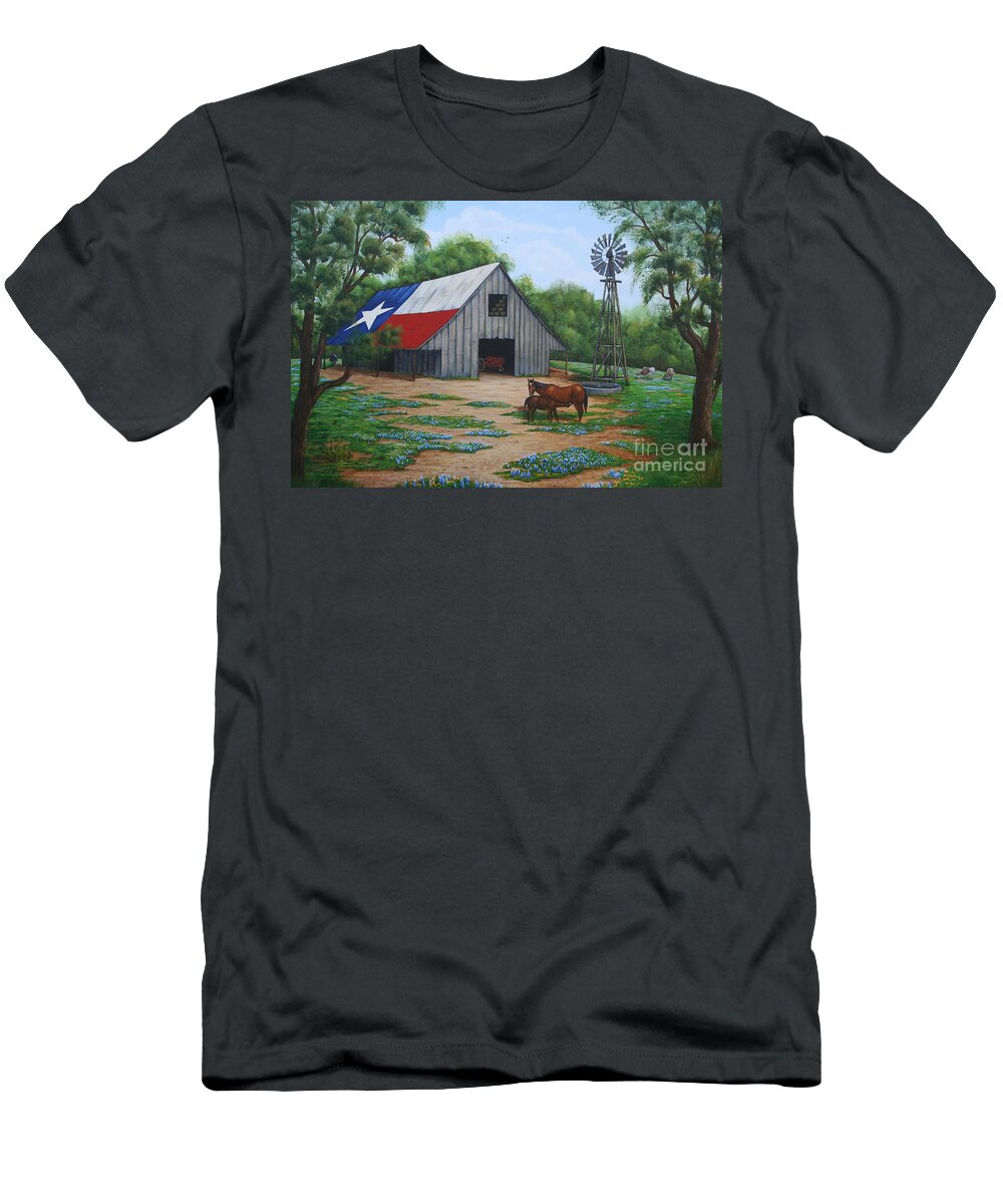 Texas Barn Art T-Shirt featuring the painting Texas Barn by Jimmie Bartlett