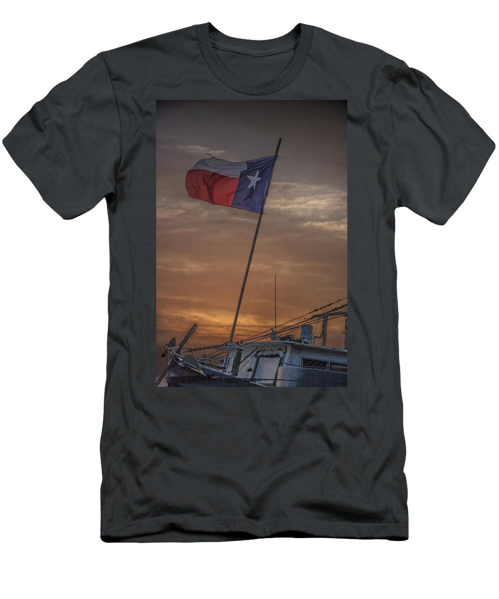 Migration T-Shirt featuring the photograph Texas Flag Flying from a Fishing Boat at Sunrise by Randall Nyhof
