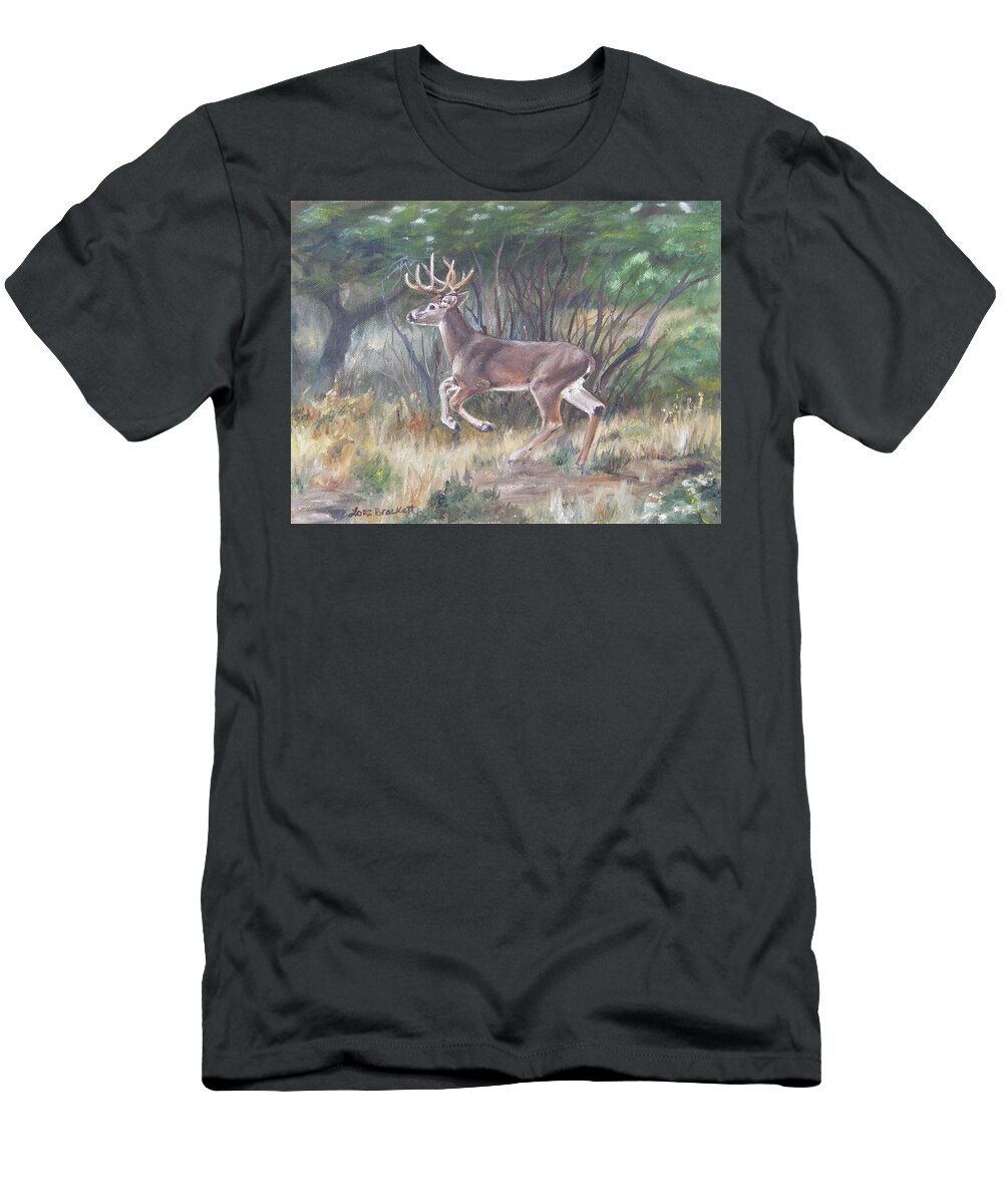 Deer T-Shirt featuring the painting The Chase Is On by Lori Brackett