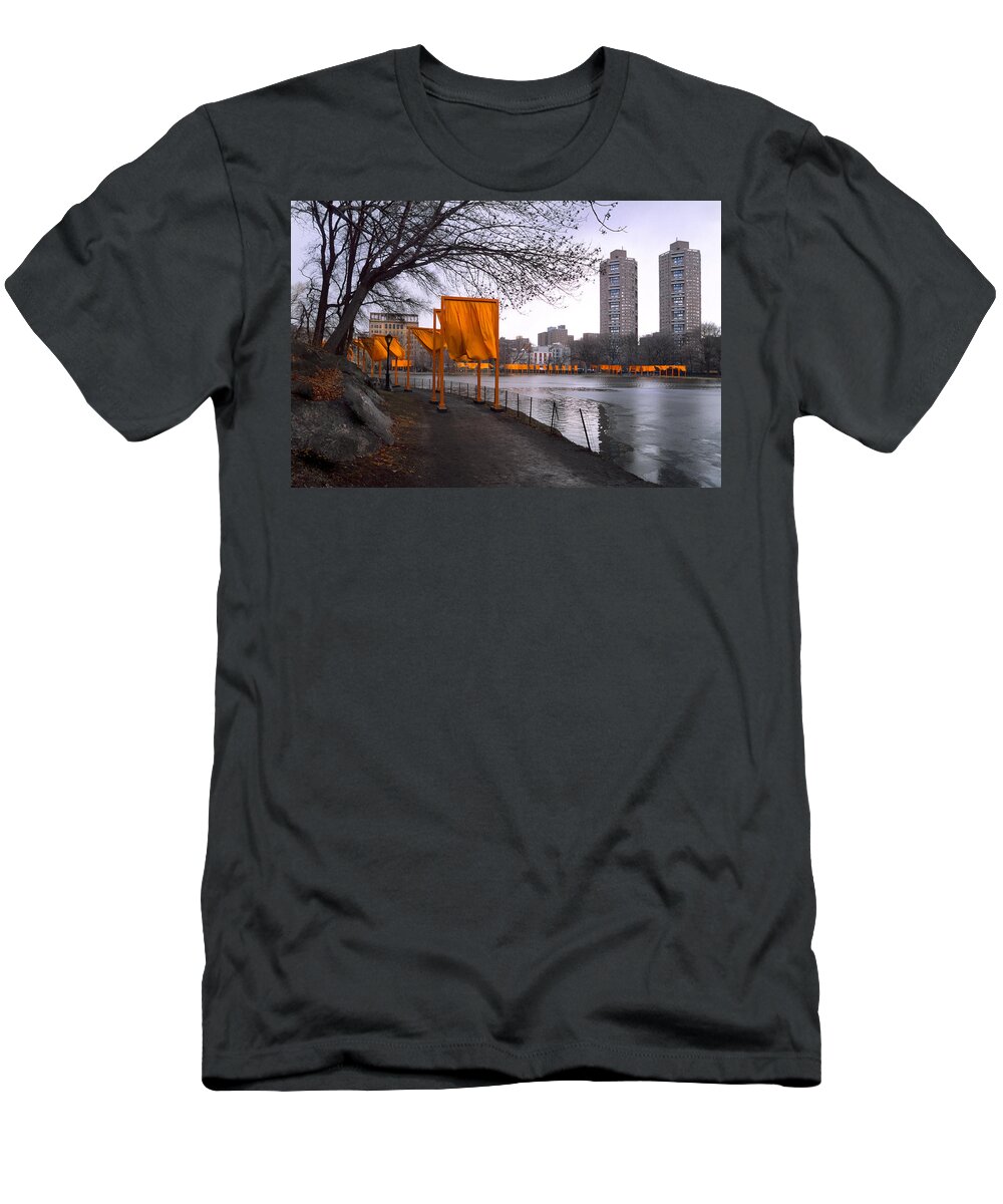 Central Park T-Shirt featuring the photograph The Gates - Central Park New York - Harlem Meer by Gary Heller
