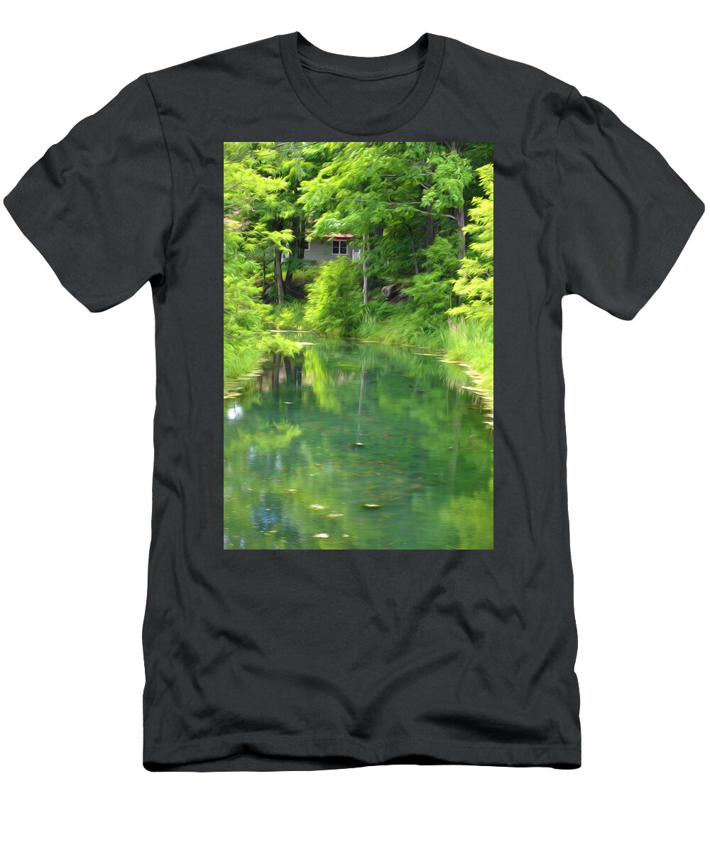 Architecture T-Shirt featuring the painting The house on the bank of the lake by Jeelan Clark