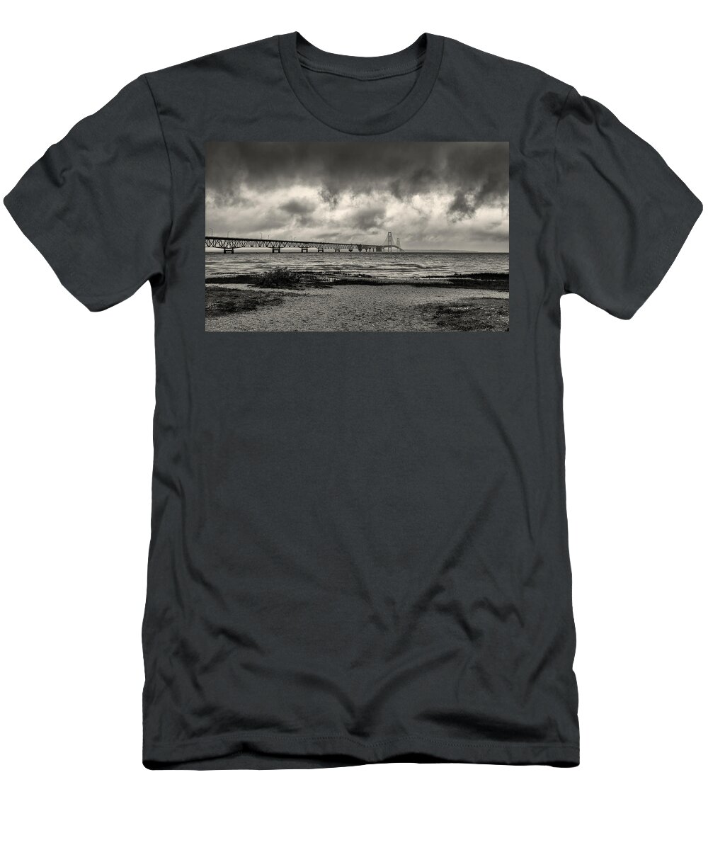 Architecture T-Shirt featuring the photograph The Mackinac Bridge B W by John M Bailey