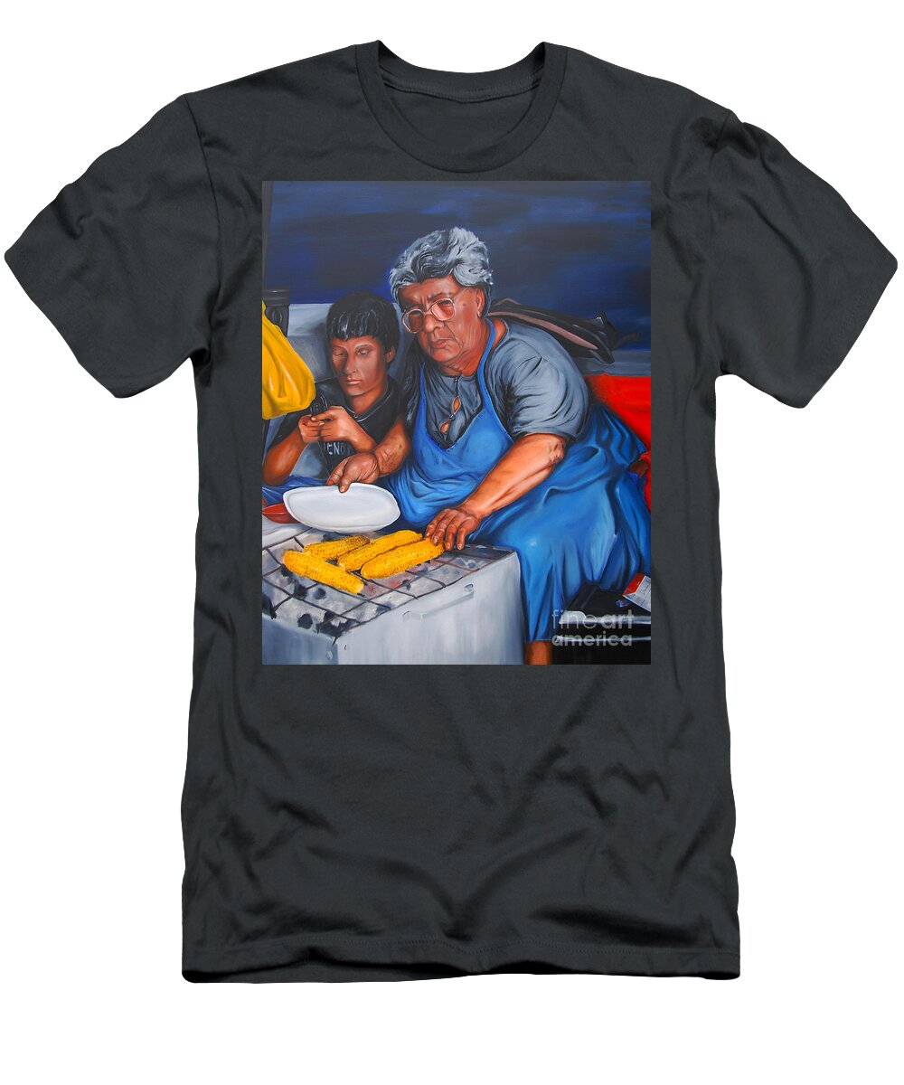 Corn T-Shirt featuring the painting The Parga Corn Seller by James Lavott