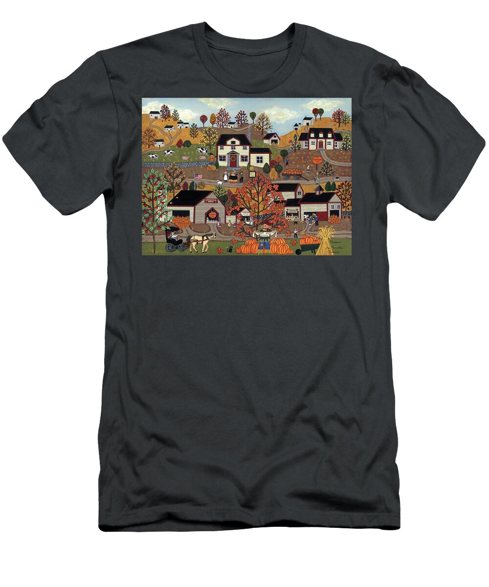 Folk Art T-Shirt featuring the painting The Pumpkin Festival by Medana Gabbard