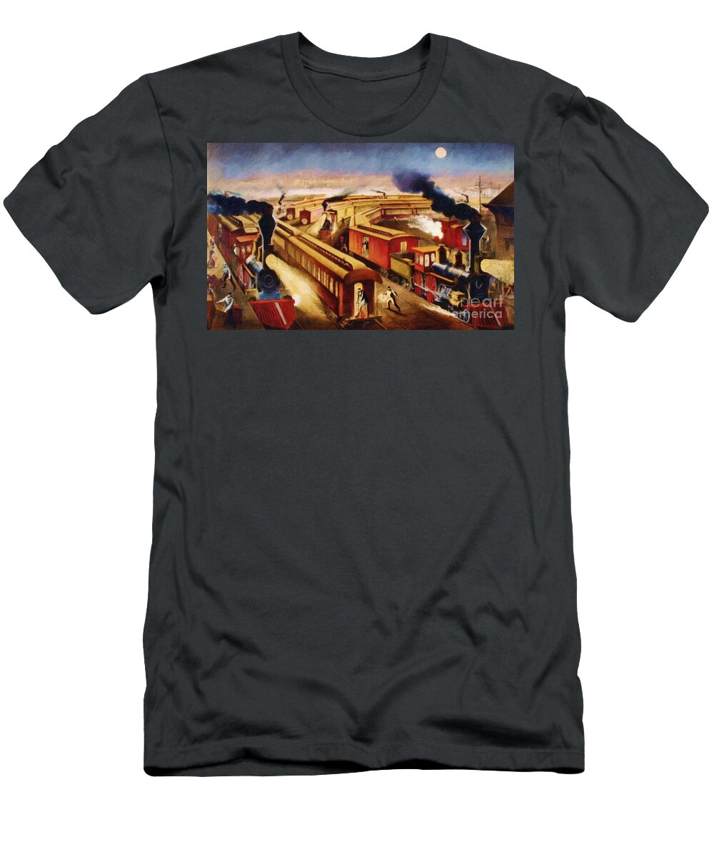 Railroad T-Shirt featuring the digital art The Railroad Junction - Circa 1880 by Lianne Schneider