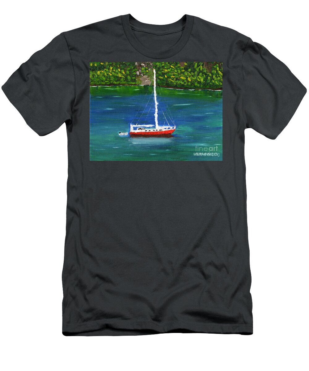 Boat T-Shirt featuring the painting The Red and White Boat by Laura Forde