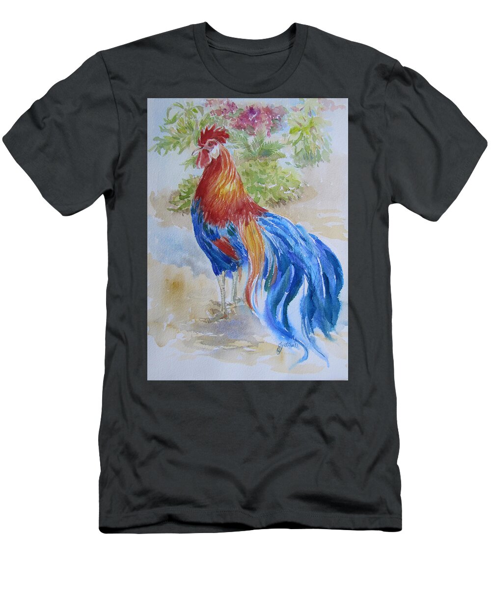 Rooster T-Shirt featuring the painting Long Tail Rooster by Jyotika Shroff