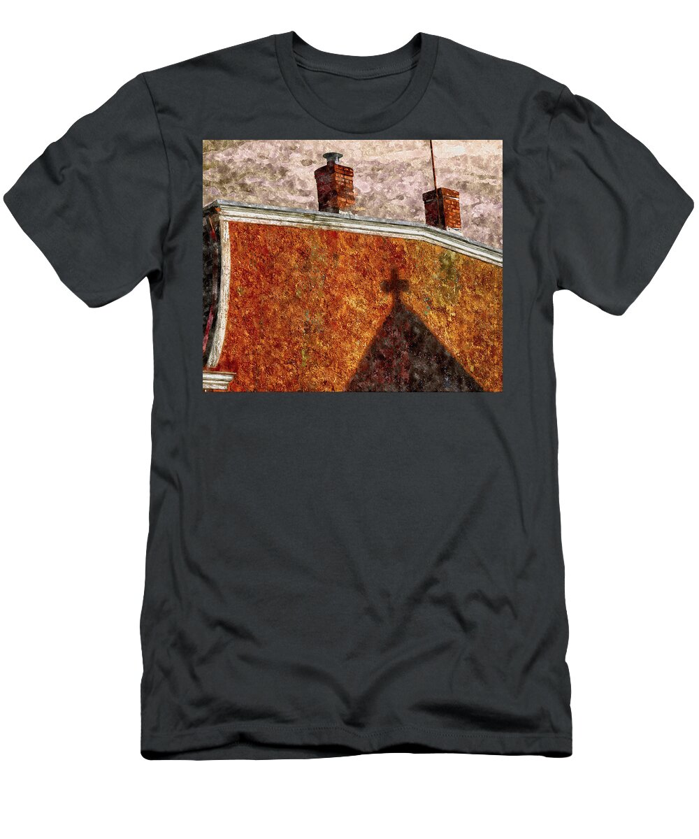 Church T-Shirt featuring the painting The Shadow of the Church by Rick Mosher