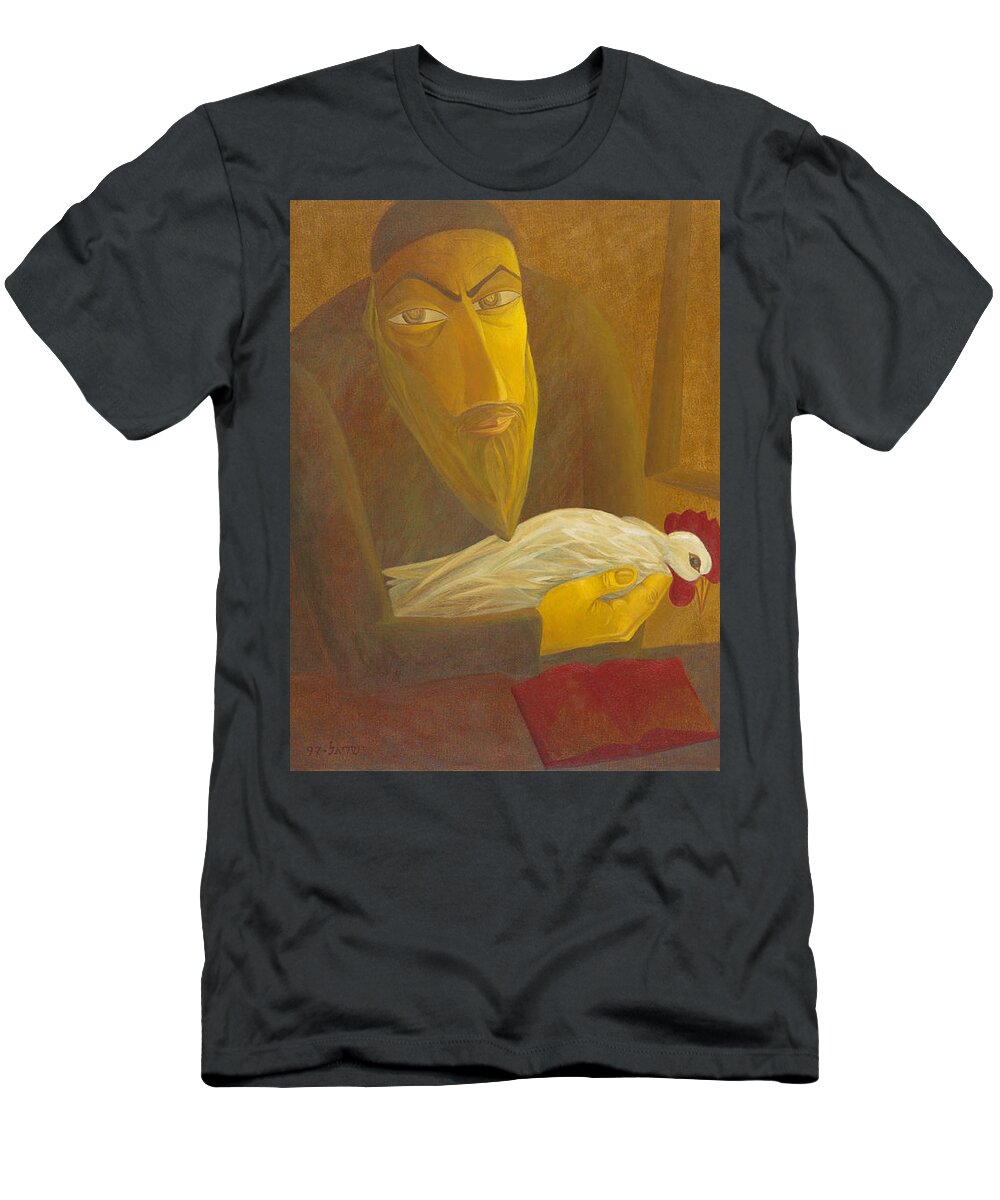 The Shochet With Rooster T-Shirt featuring the painting The Shochet with Rooster by Israel Tsvaygenbaum
