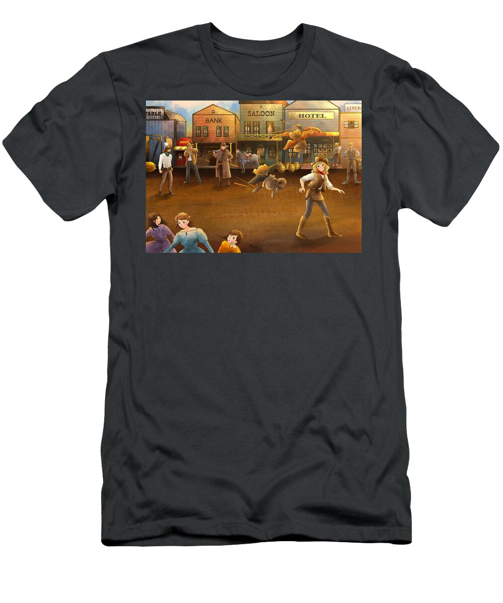 Fantasy T-Shirt featuring the painting The Shootout by Reynold Jay
