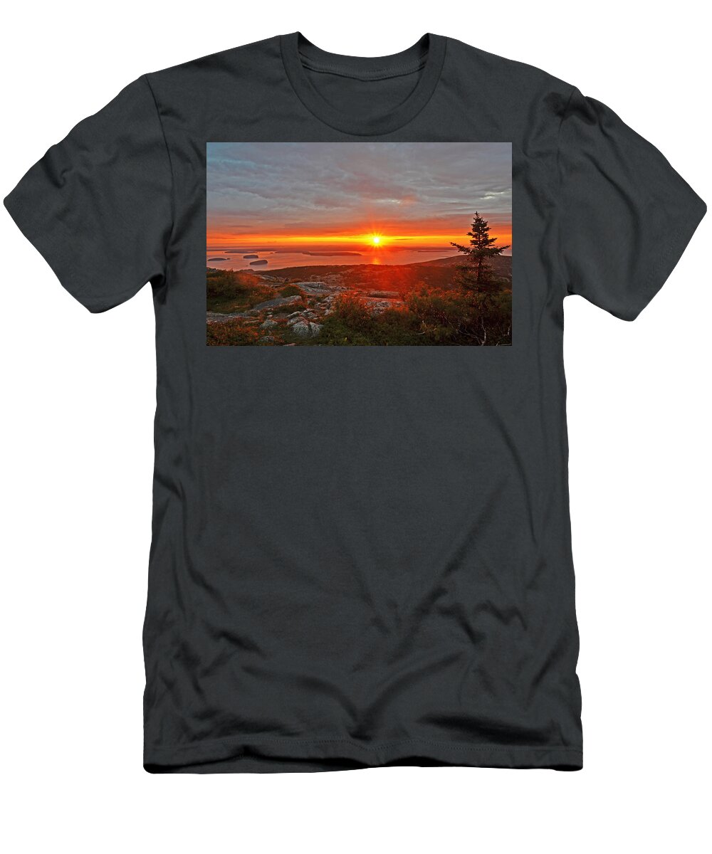 Mount Desert Island T-Shirt featuring the photograph The sunrise from Cadillac Mountain in Acadia National Park by Toby McGuire