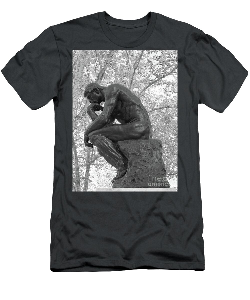Thinker T-Shirt featuring the photograph The Thinker - Philadelphia BW by Ann Horn