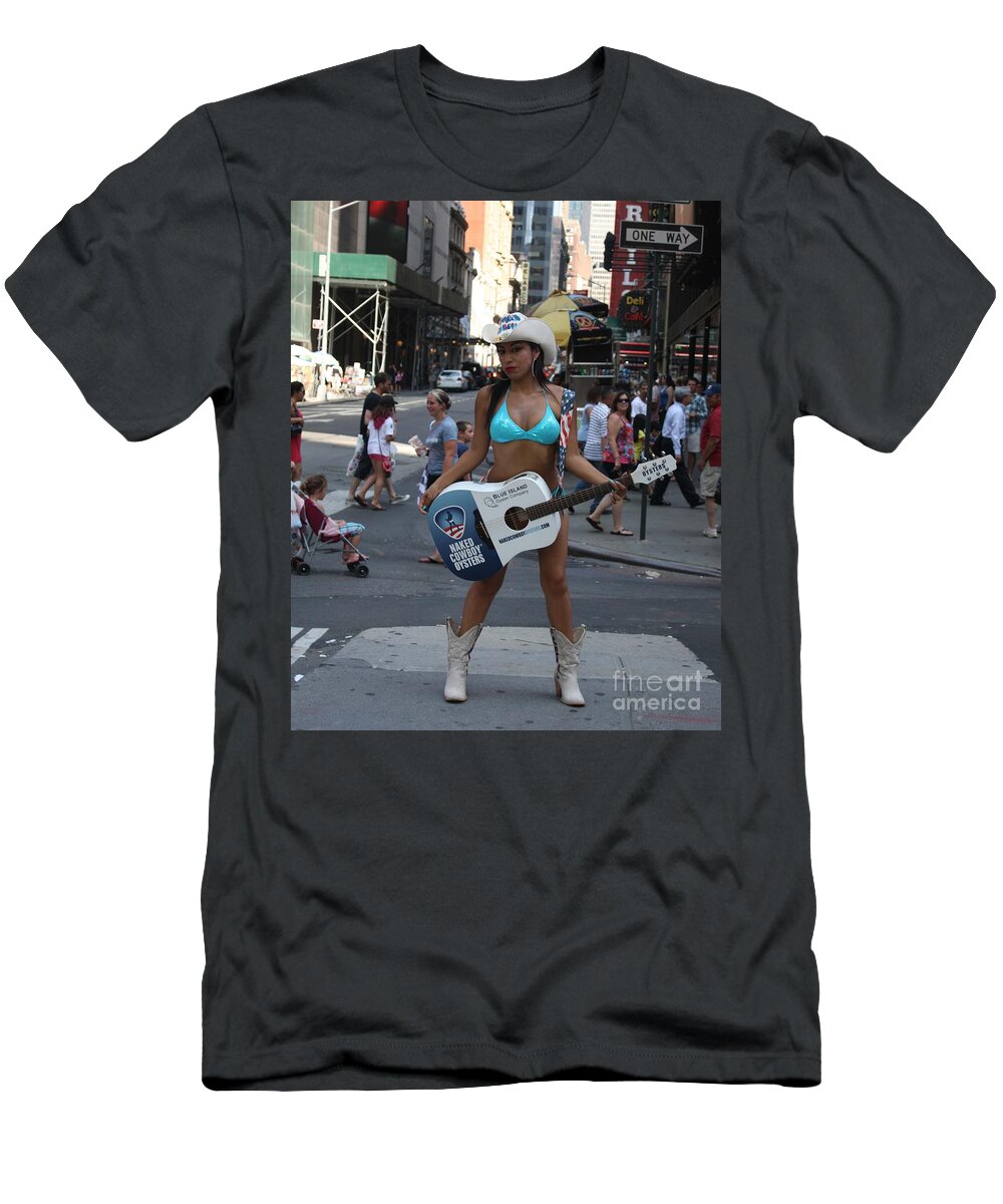 The Times Square Naked Cowgirl T-Shirt featuring the photograph The Times Square Naked Cowgirl by John Telfer