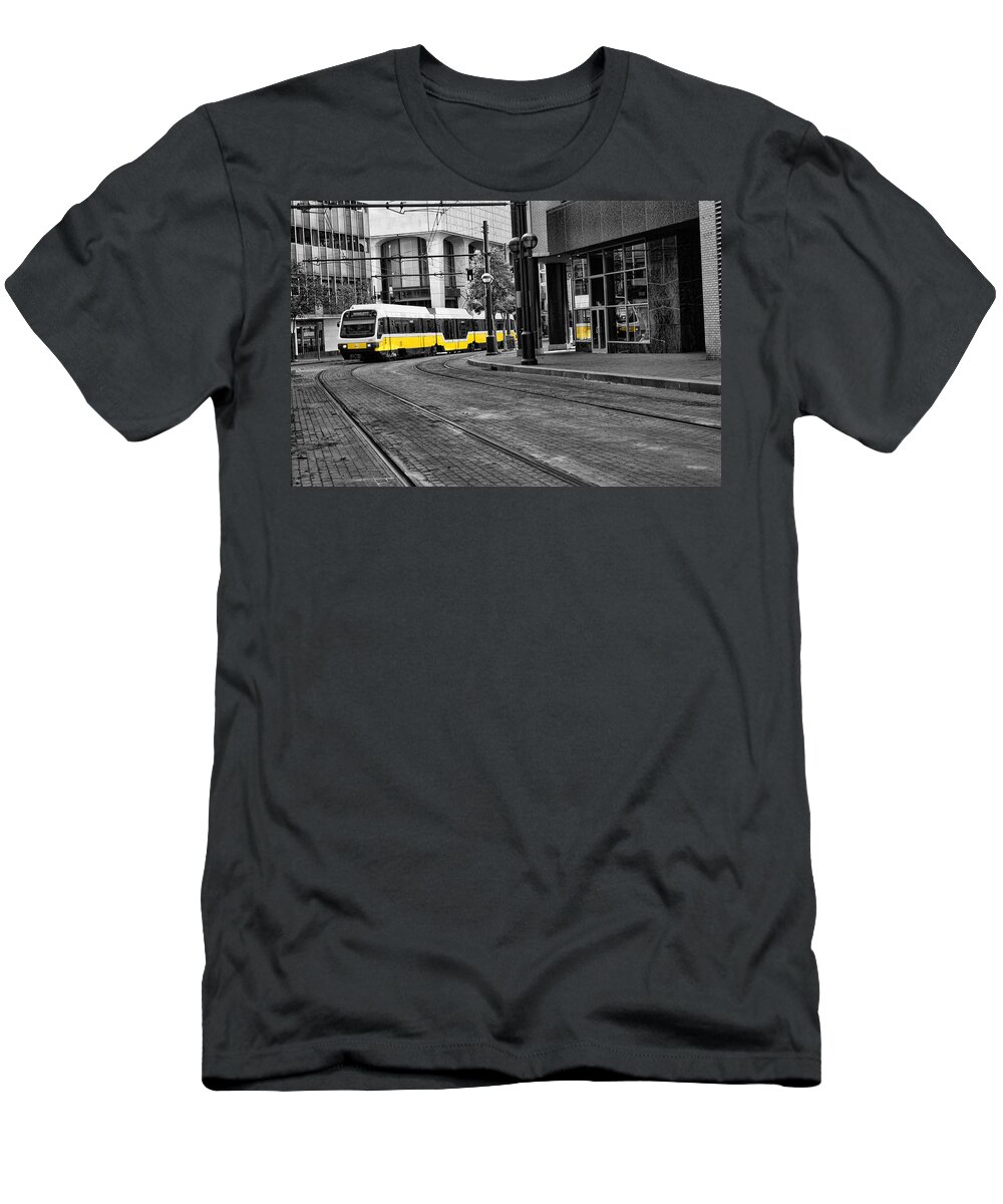 Train T-Shirt featuring the photograph The Yellow Train of Dallas by Kathy Churchman