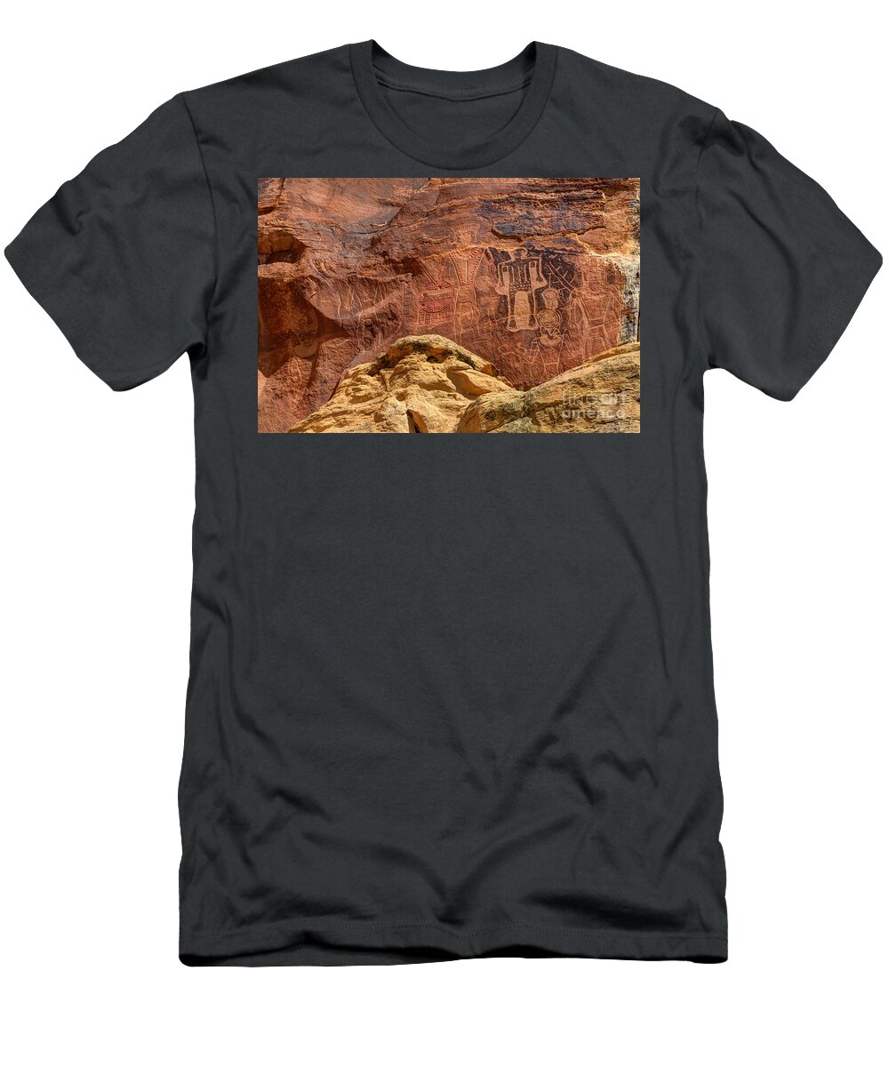 Petroglyph T-Shirt featuring the photograph Three Kings Petroglyph - McConkie Ranch - Utah by Gary Whitton
