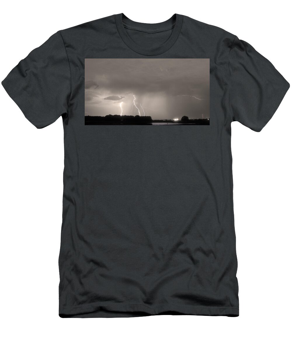 Lightning T-Shirt featuring the photograph Thunder Rolls And Lightning Strikes Sepia by James BO Insogna