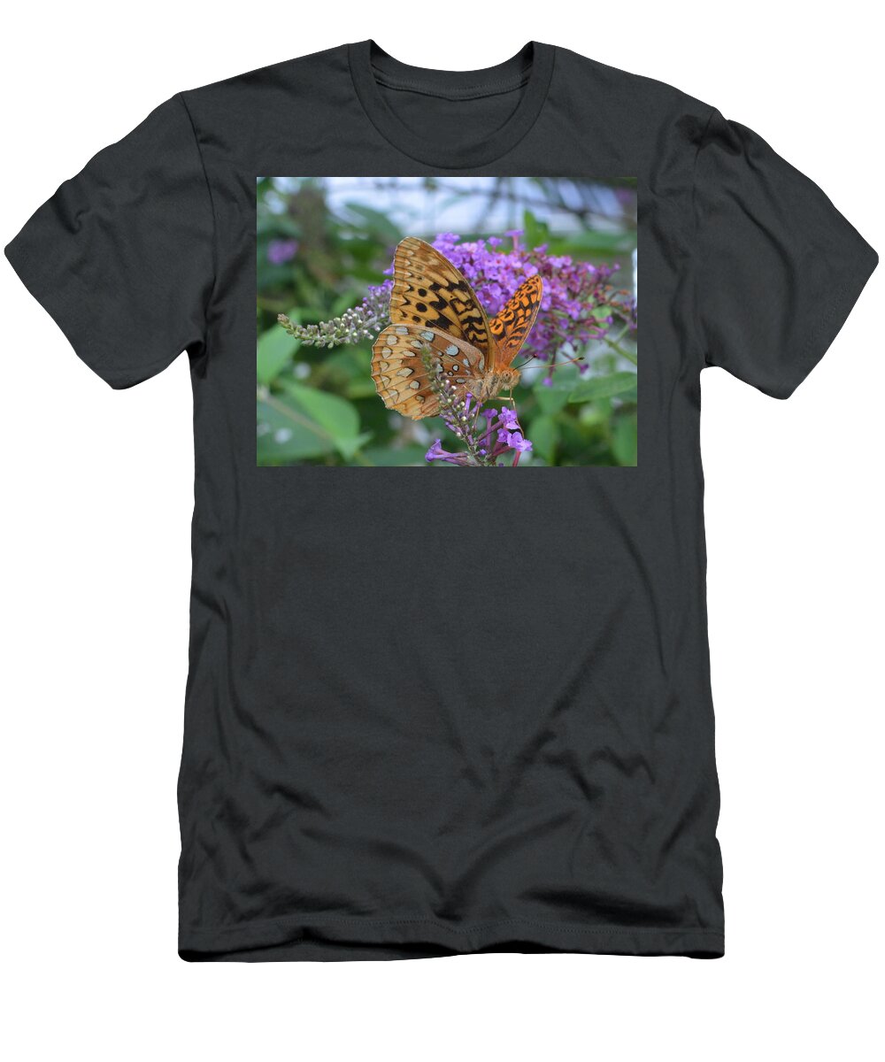 Speyeria Aphrodite T-Shirt featuring the photograph Tiger Moth speyeria aphrodite feeding on Butterfly Bush by Stacie Siemsen