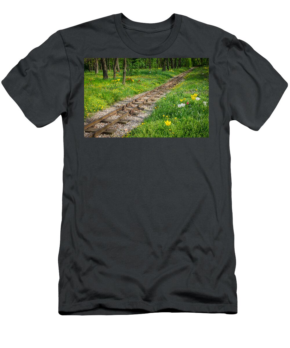 Railroad T-Shirt featuring the photograph Train Tracks Through Mystic Flower Forest by Andreas Berthold