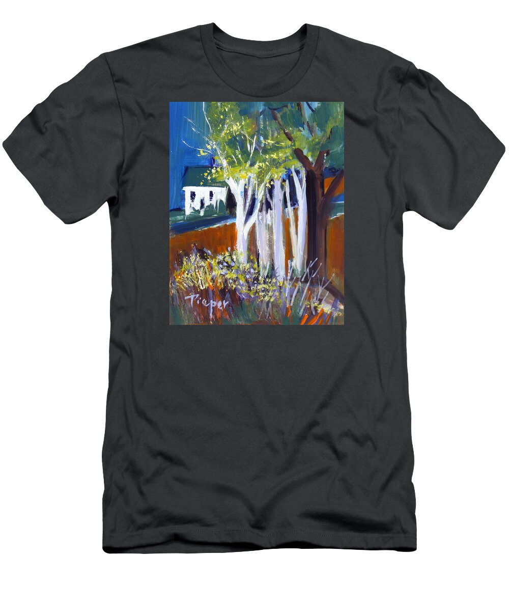 White Farm House T-Shirt featuring the painting Trees and White Farm House by Betty Pieper