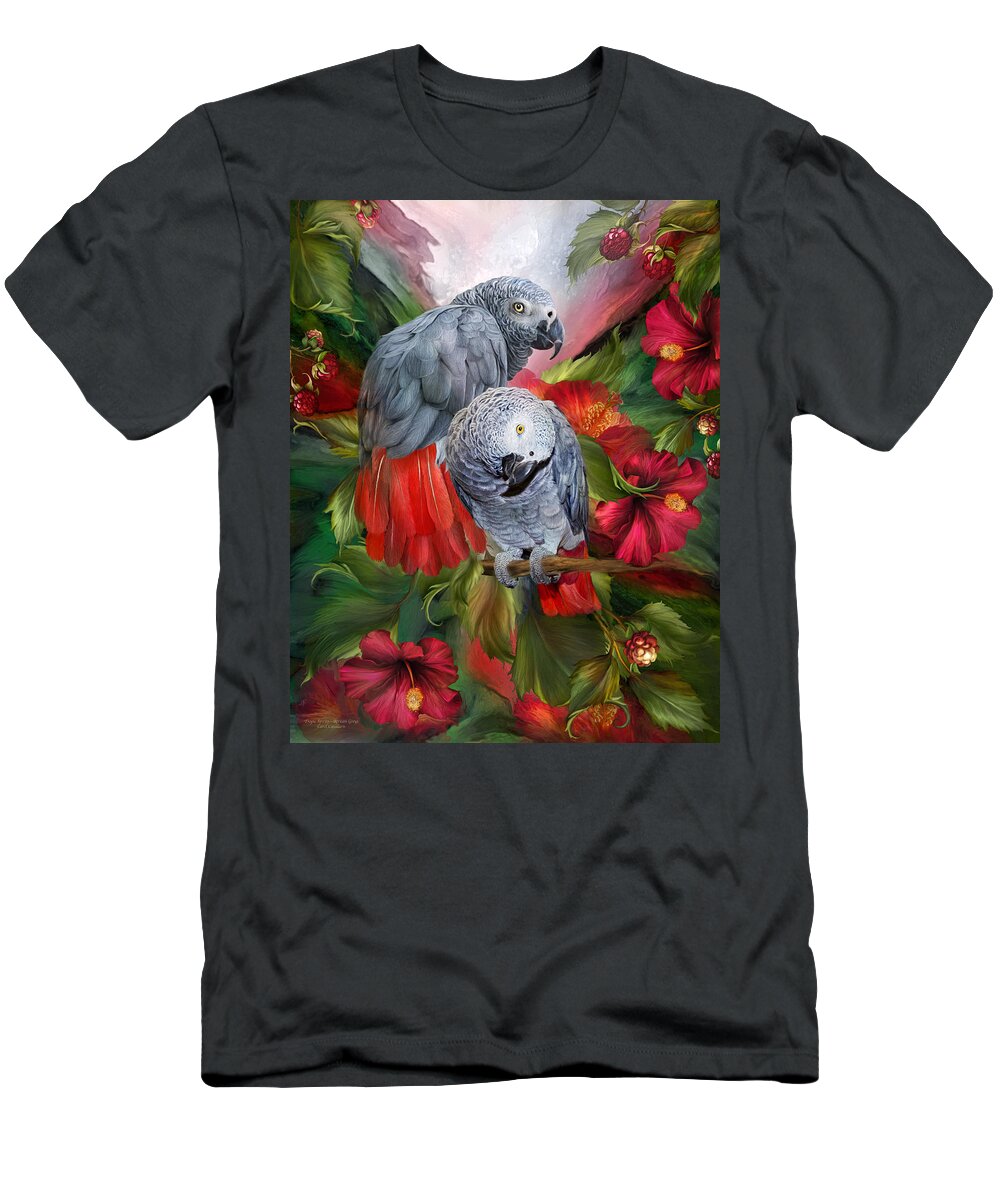 Parrot T-Shirt featuring the mixed media Tropic Spirits - African Greys by Carol Cavalaris