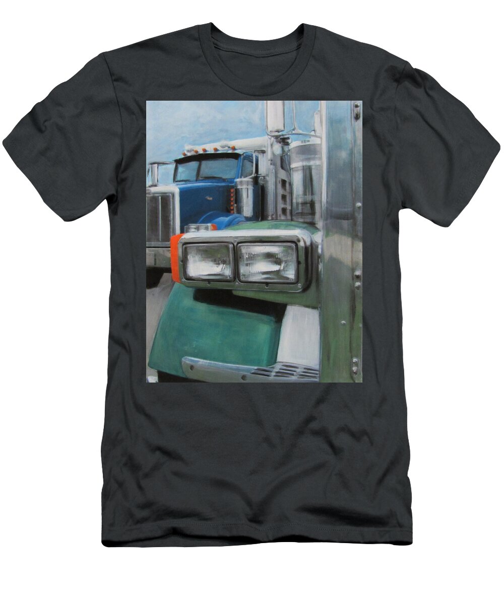 Truck T-Shirt featuring the painting Trucks in Green and Blue by Anita Burgermeister