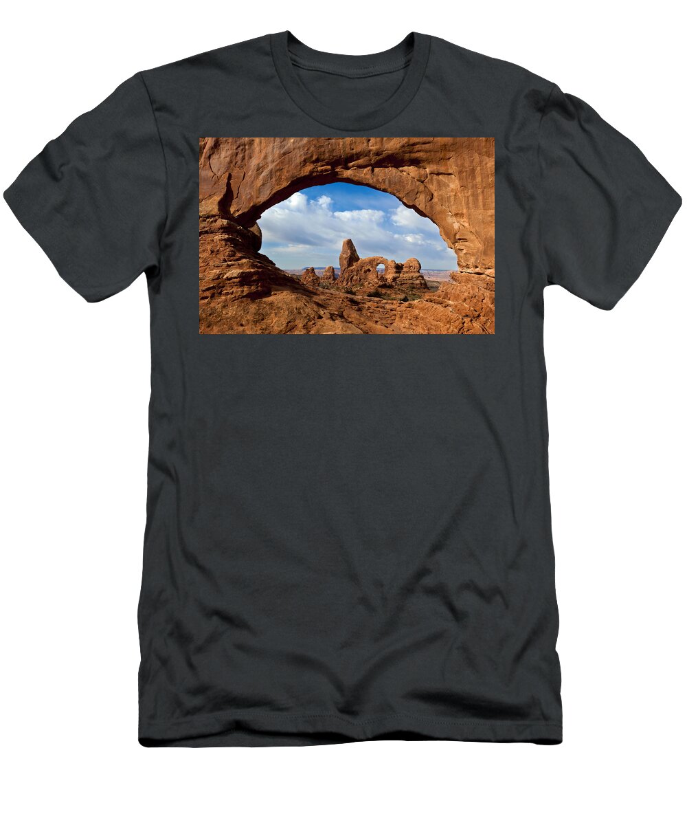 Nis T-Shirt featuring the photograph Turret Arch Through North Window Arch by Erik Joosten