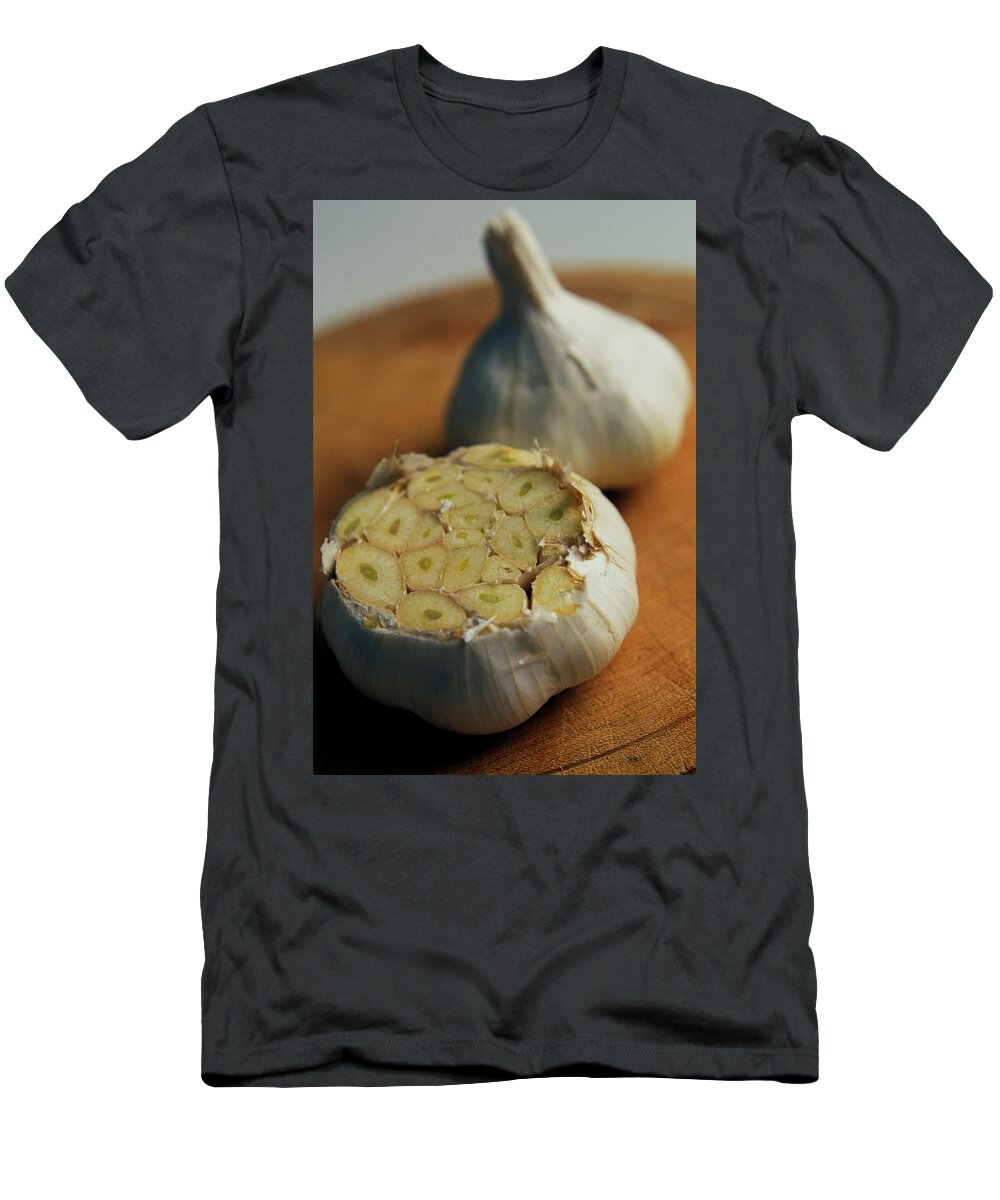 Fruits T-Shirt featuring the photograph Two Heads Of Garlic by Romulo Yanes