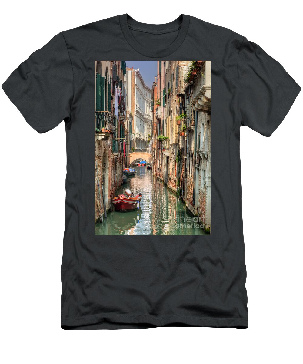 Venice T-Shirt featuring the photograph Venice Italy A romantic narrow canal and bridge by Michal Bednarek
