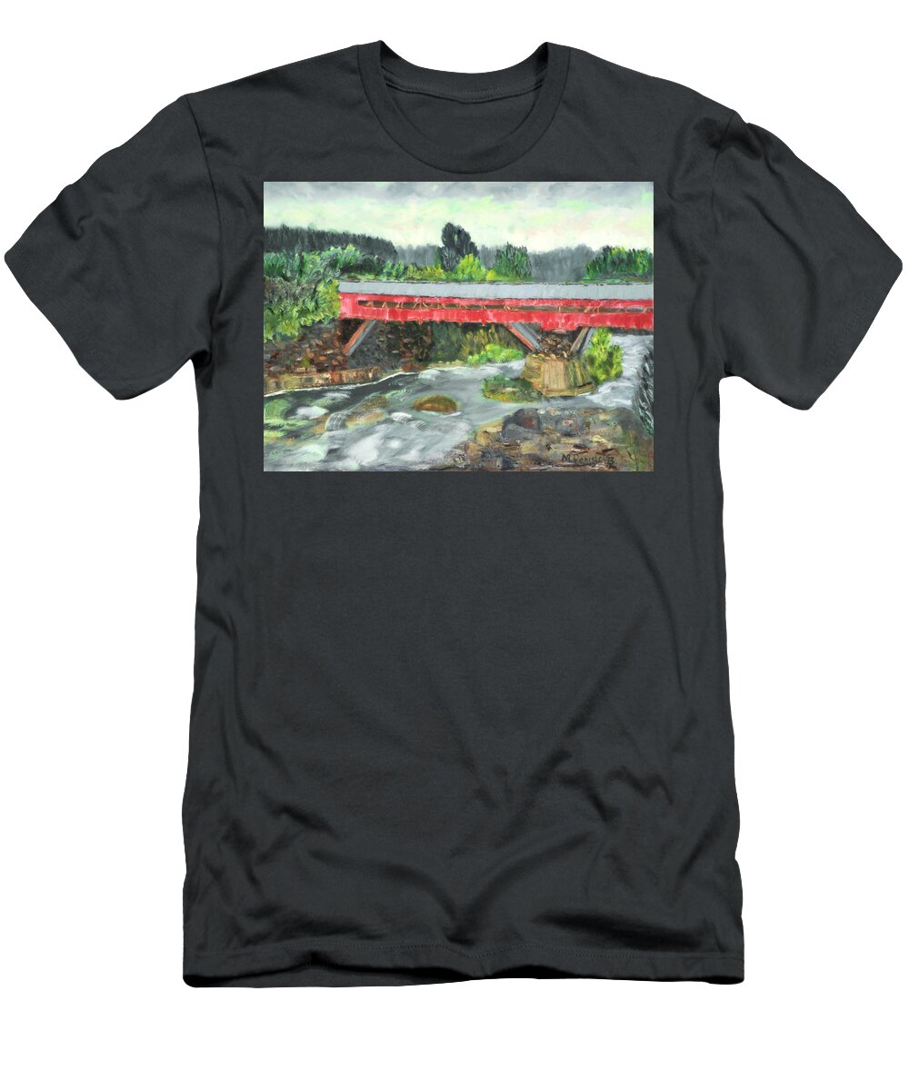 Covered Bridge Vermont Water Stream River Rapids Tree Sky Rock T-Shirt featuring the painting Vermont Covered Bridge by Michael Daniels