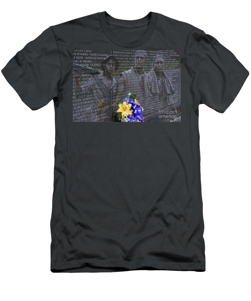 Vietnam Veteran Wall And Three Soldiers Memorial College Washington Dc T-Shirt featuring the photograph Vietnam Veteran Wall and Three Soldiers Memorial Collage Washington DC_2 by David Zanzinger
