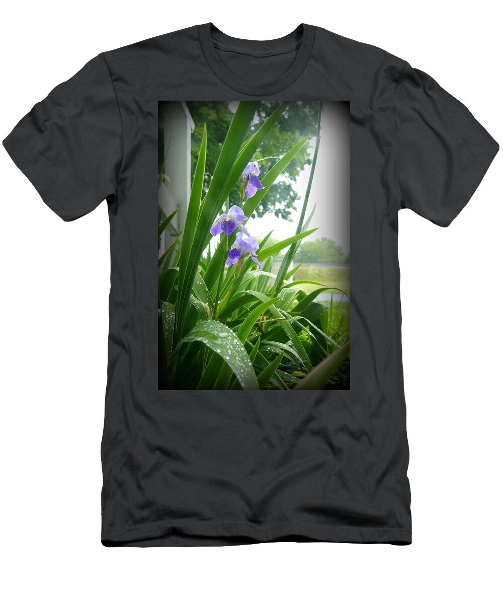 Violets T-Shirt featuring the photograph Iris with Dew by Laurie Perry