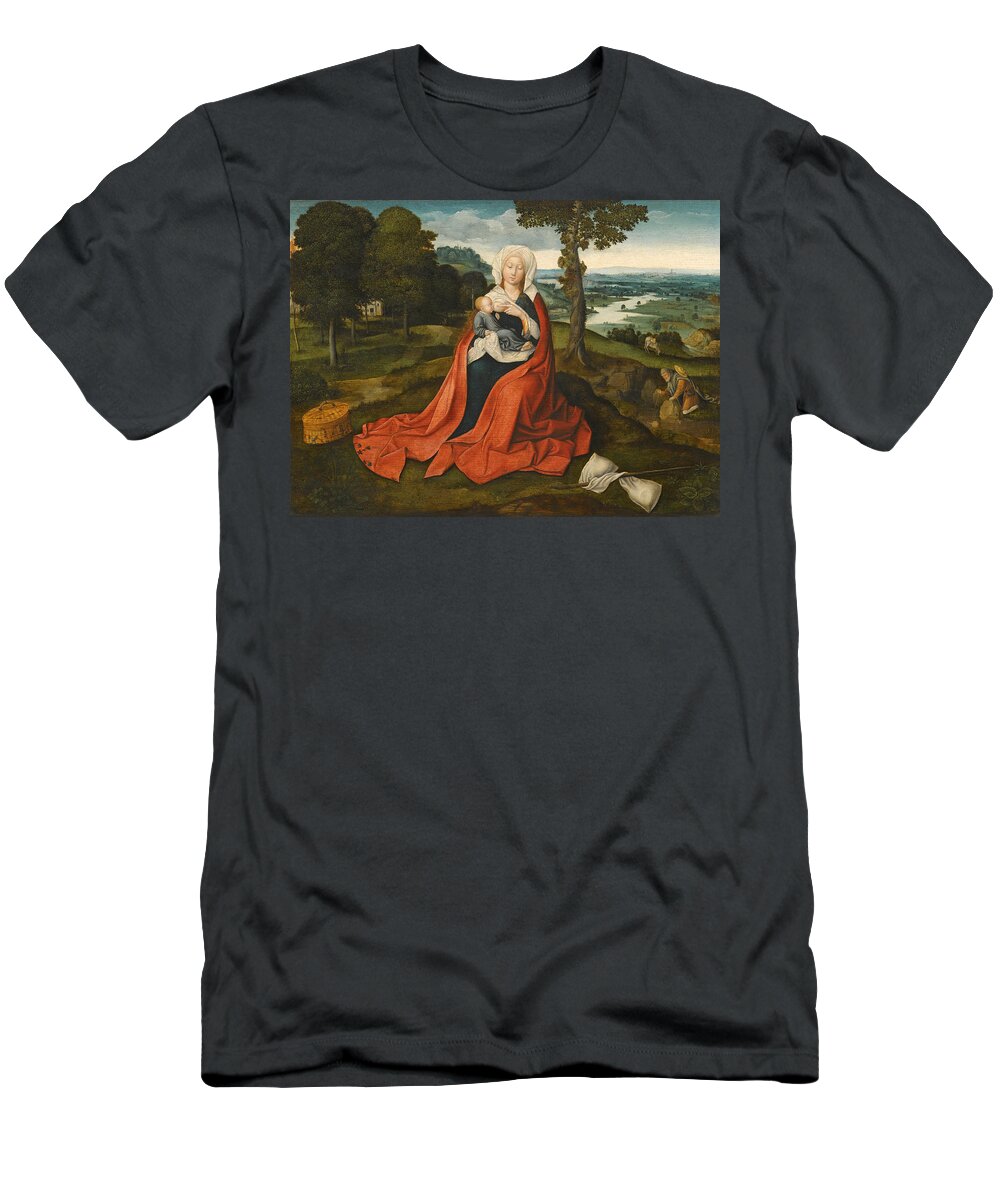 Workshop Of Joachim Patinir T-Shirt featuring the painting Virgin and Child seated before an extensive Landscape by Workshop of Joachim Patinir
