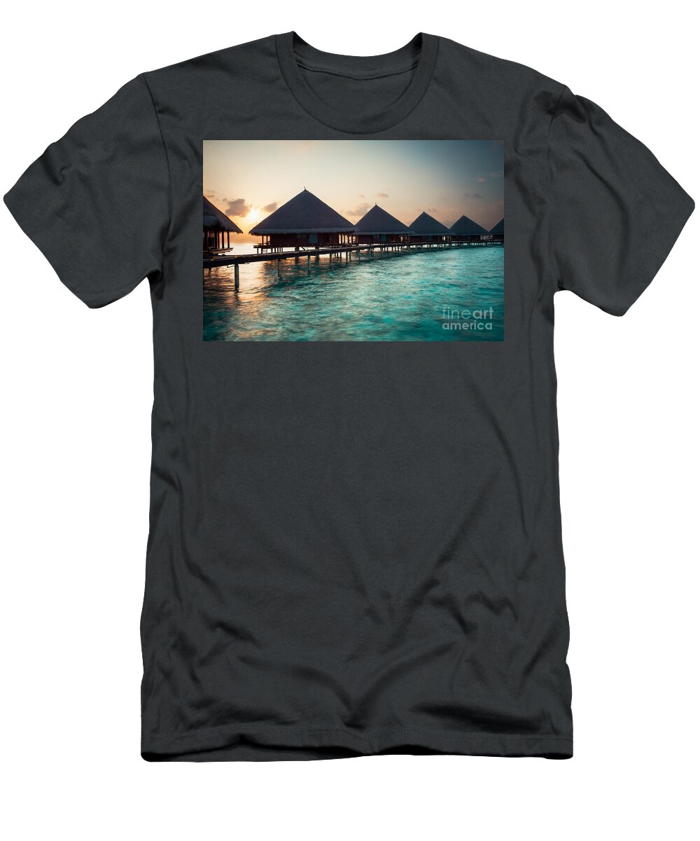 Amazing T-Shirt featuring the photograph Waterbungalows At Sunset by Hannes Cmarits