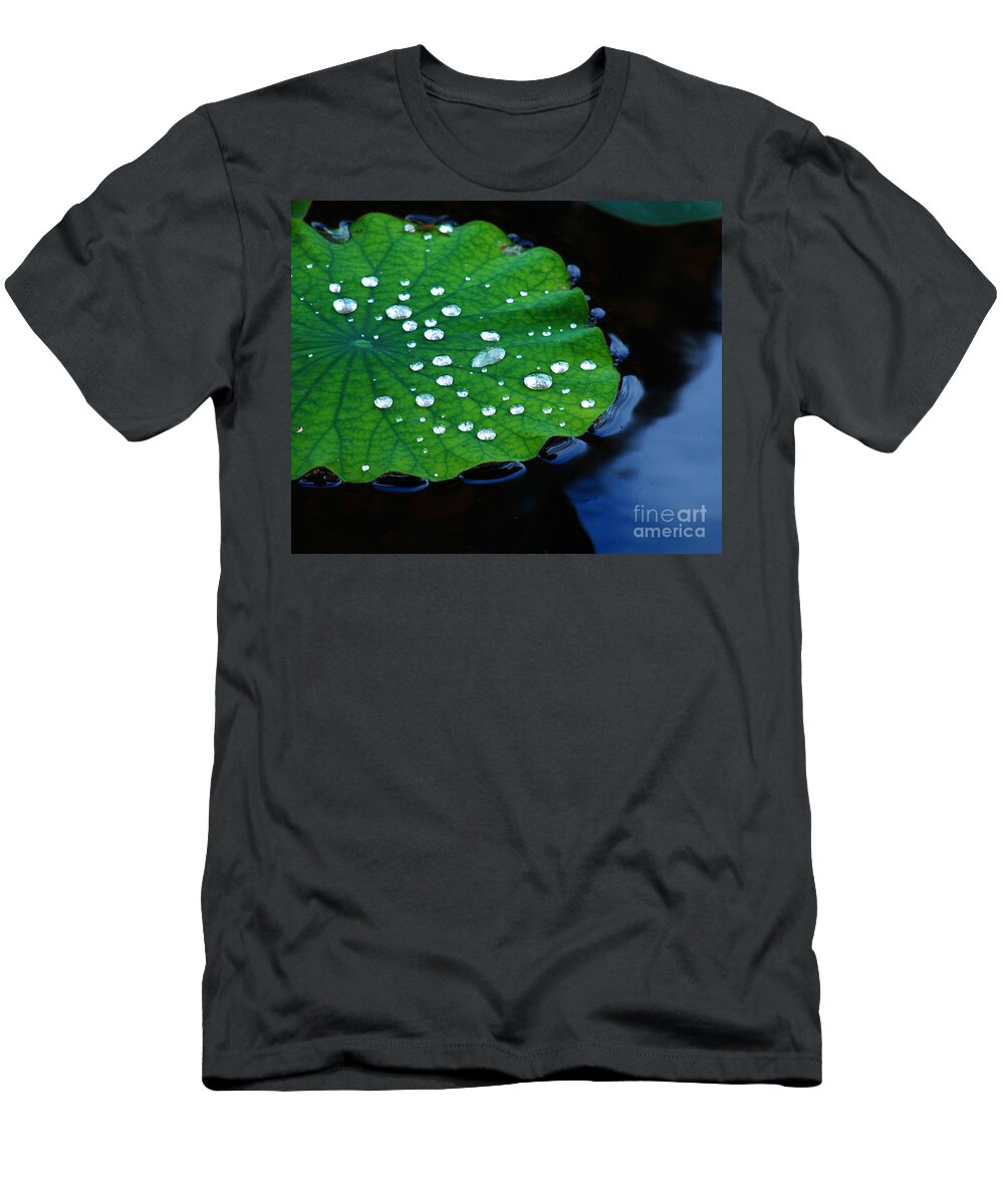 Water T-Shirt featuring the photograph Waterdrops on Lilypad by Nancy Mueller