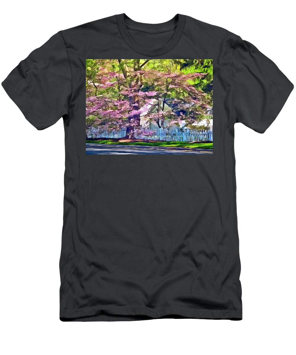 Trees T-Shirt featuring the photograph White Picket Fence by Flowering Trees by Susan Savad